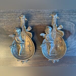Pair Trinket Dish Cherub Cello Brass Patina Art Deco Ring Dish Vide Poche